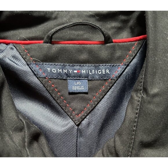 Tommy Hilfiger Belted Trench Coat Black w Navy Lining Size Large Double Breasted - Picture 5 of 8